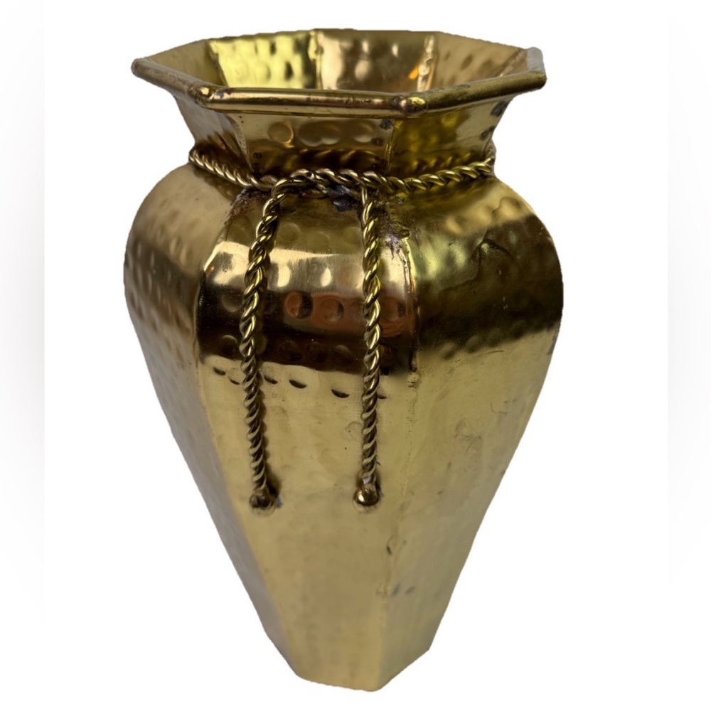 Vintage 13" Tall Solid Brass Large Hammered Vase w/ Braided Rope Tassel READ